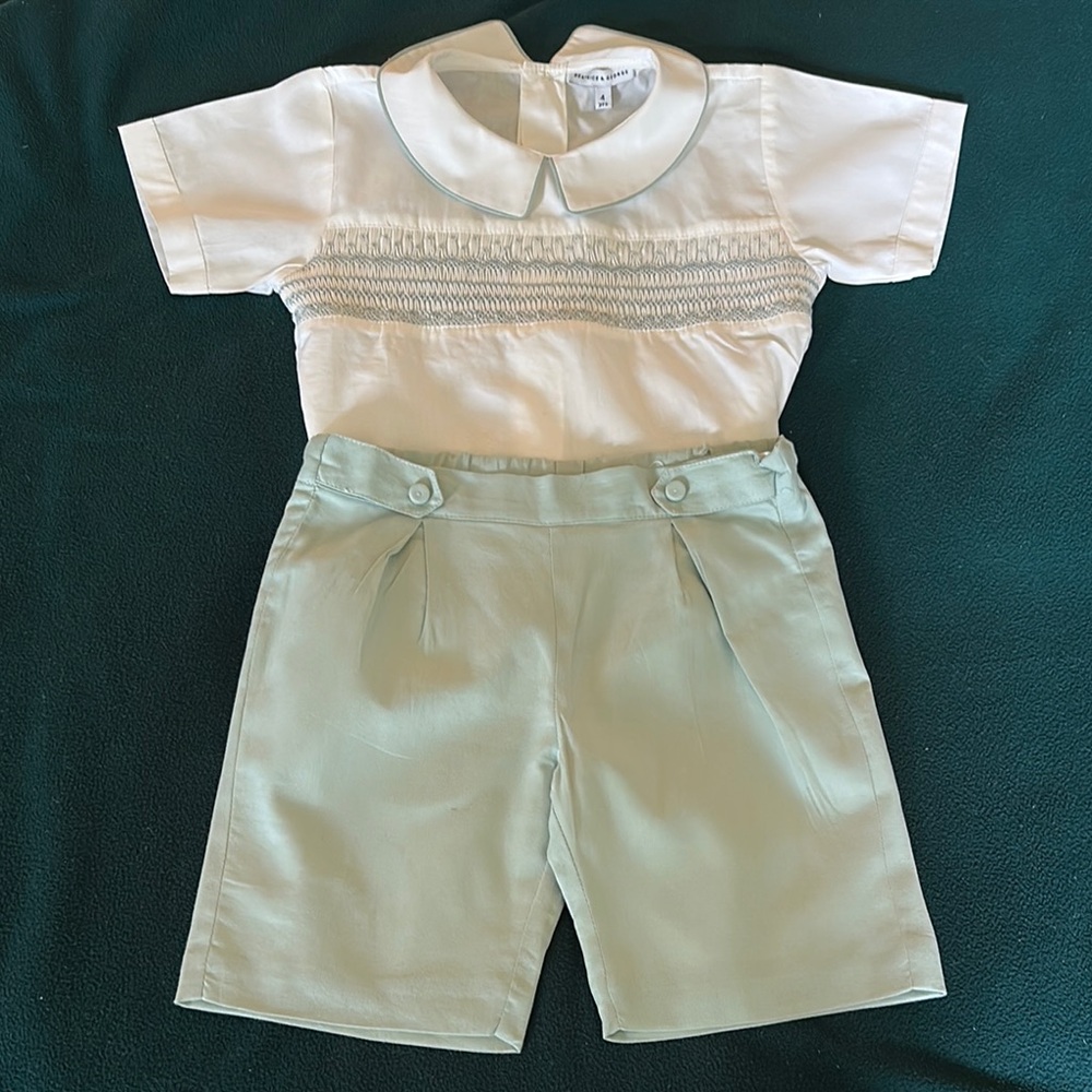 Boys White and Green Hand-Smocked Cotton Buster Suit